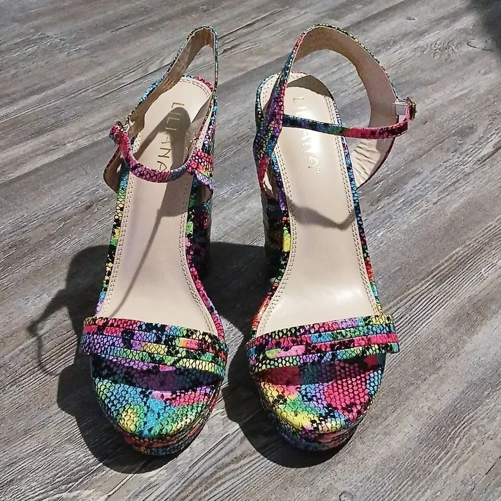 Liliana multicolor rainbow block heeled strappy shoes Sz 10 EUC